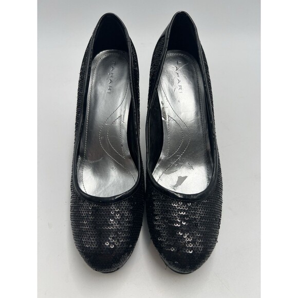 Tahari Black Sequin Round Toe Leather Pumps Heel Formal Black Tie Party Sz 8.5 M - Picture 3 of 11